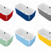 Six freestanding bathtubs in red, blue, gray, green, light blue, and yellow arranged in a 3×2 grid.