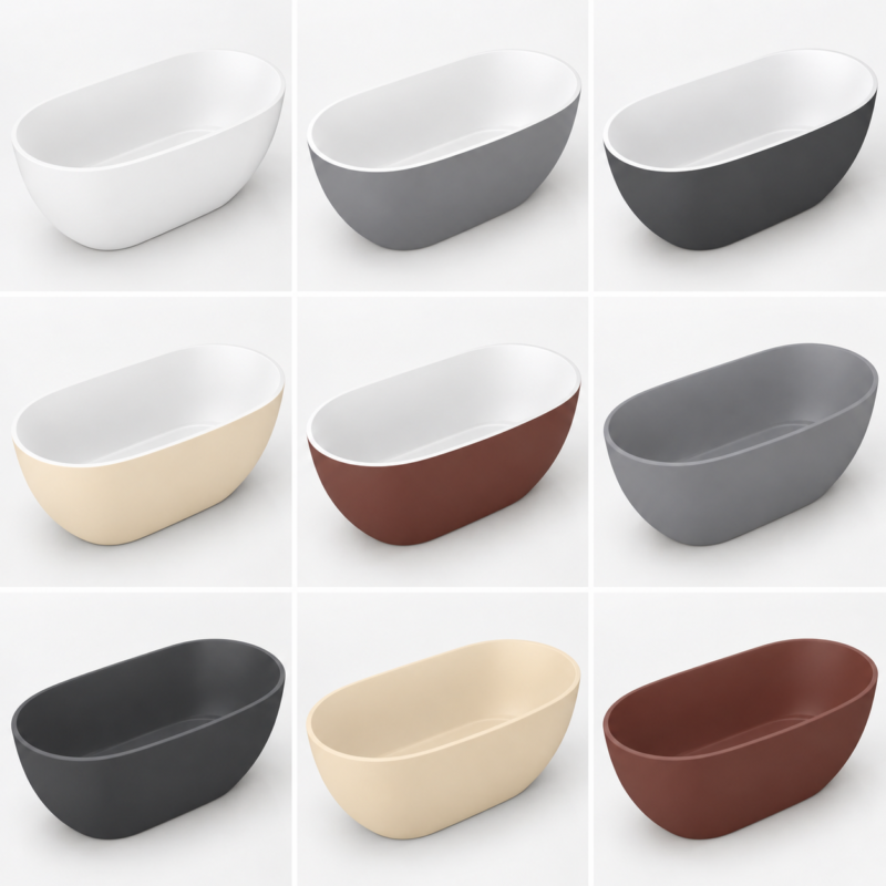 Nine oval freestanding bathtubs in a 3x3 grid, shown in white, gray, beige, brown, and black on a white background.
