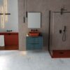 Modern bathroom with a red freestanding tub, teal vanity with a red basin, and a mirror‑cabinet on a gray wall.
