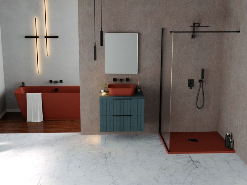 Modern bathroom with a red freestanding tub, teal vanity with a red basin, and a mirror‑cabinet on a gray wall.