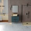 Modern bathroom with a cream freestanding tub on the left, layered lighting panels, and a towel hanging over the edge.