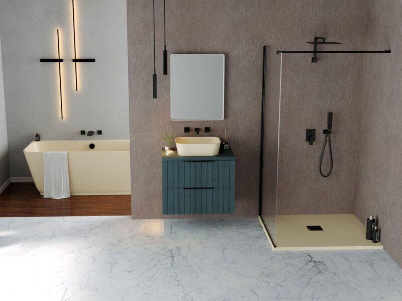 Modern bathroom with a cream freestanding tub on the left, layered lighting panels, and a towel hanging over the edge.