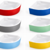 Six identical white, curved basins with colored outer panels (red, blue, gray, green, light blue, yellow) arranged in a 2x3 grid.