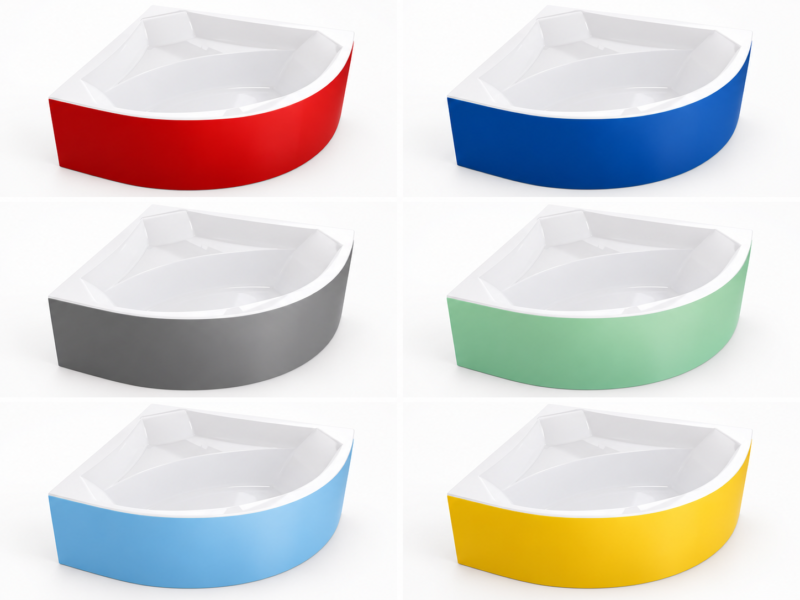 Six identical white, curved basins with colored outer panels (red, blue, gray, green, light blue, yellow) arranged in a 2x3 grid.