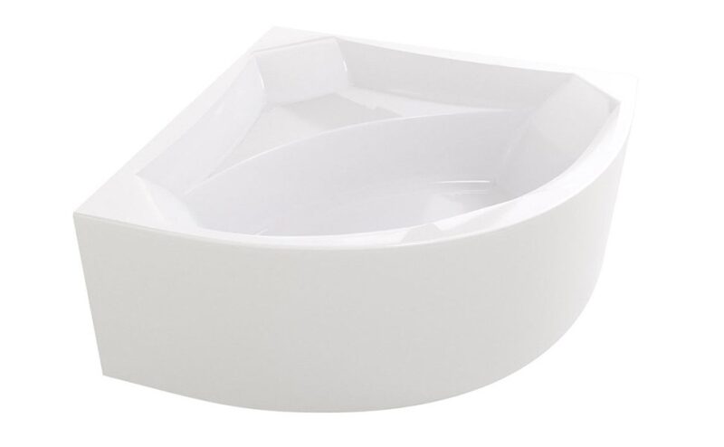 White corner bathtub with rounded outer edge, glossy acrylic finish, empty interior.