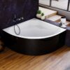 Modern corner bathtub with black exterior and white interior, chrome faucet and handheld shower in a stylish bathroom with dark marble wall and wooden floor.