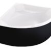 Modern freestanding curved bathtub with white interior and black exterior surface.