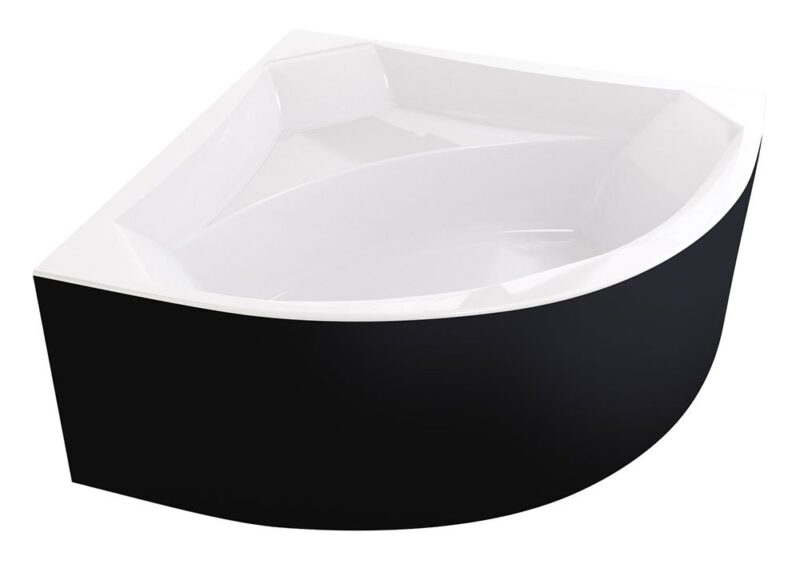 Modern freestanding curved bathtub with white interior and black exterior surface.
