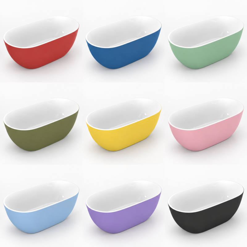 Twelve oval bowls in a grid, each with a different color and white interior, on a white background.
