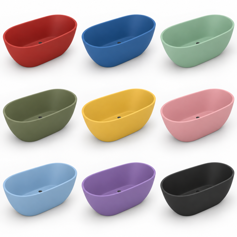 Row of twelve colorfully colored oval plastic basins with a small drain hole, arranged in a grid.
